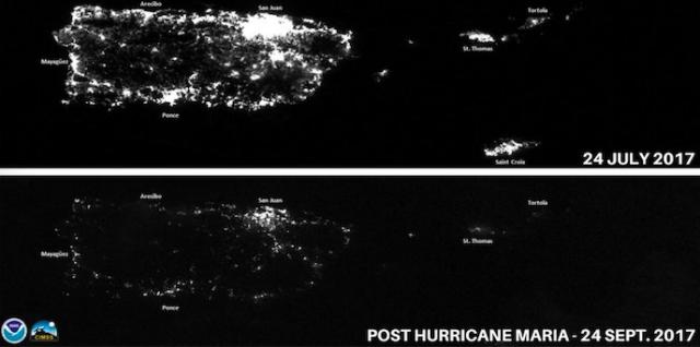 Night satellite images of the island of Puerto Rico taken before and after it was hit by two major hurricanes
